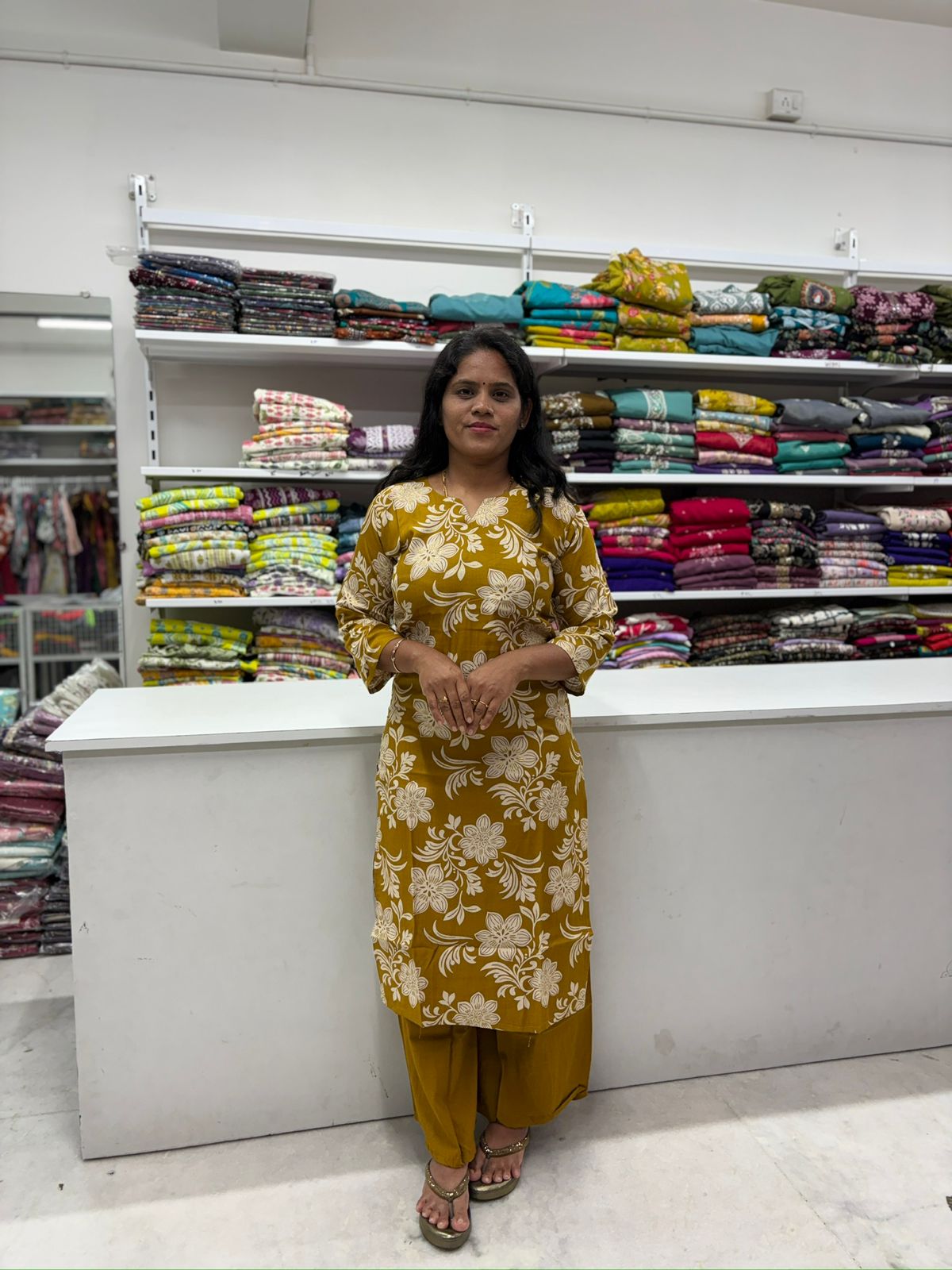 Mustard Floral Cotton Kurti Set