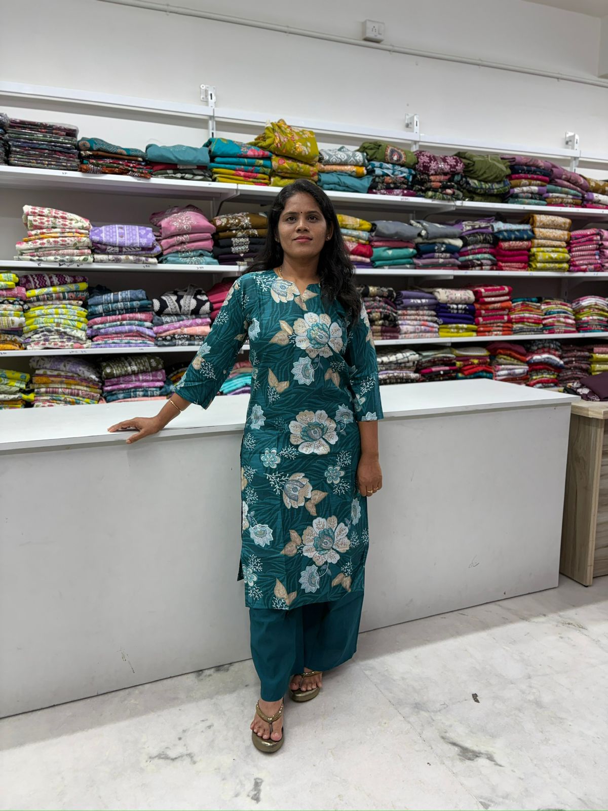 Teal Floral Premium Kurti Set