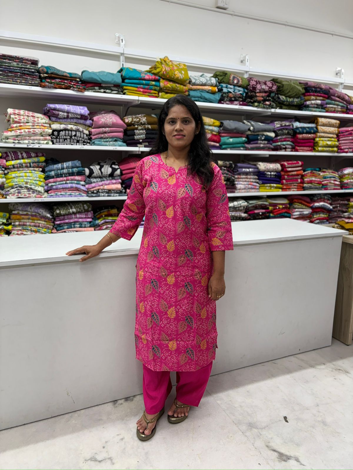 Pink Leaf Printed Kurti Set